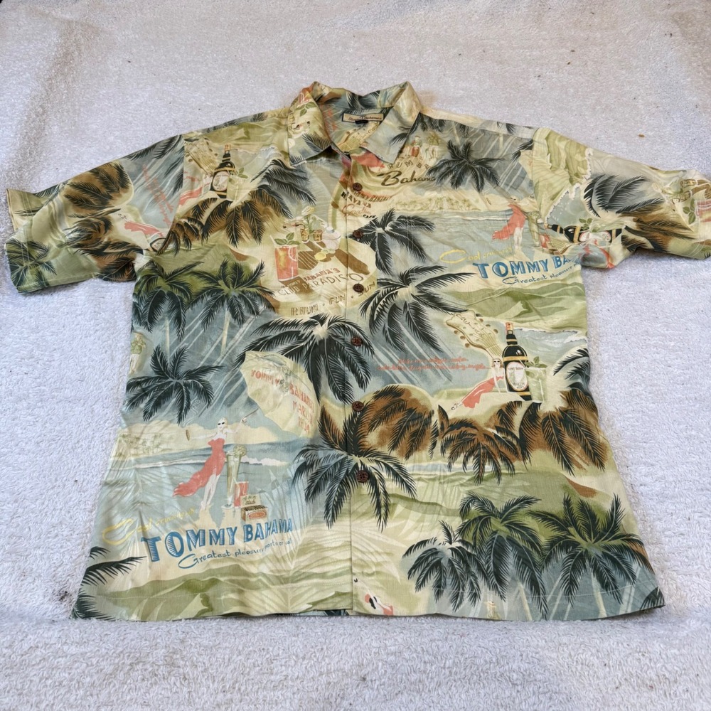Tommy Bahama Mens XL Silk Club Paradiso Tropical‎ Camp Shirt Green Hawaiian Palm